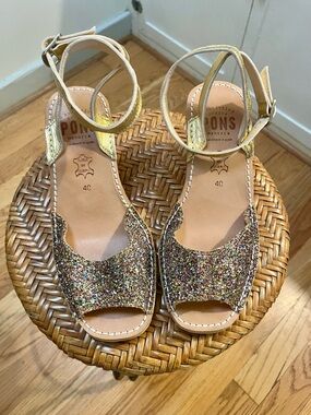 NWOT - PONS Multicolor Glitter Cork Wedge with Gold Ankle Straps